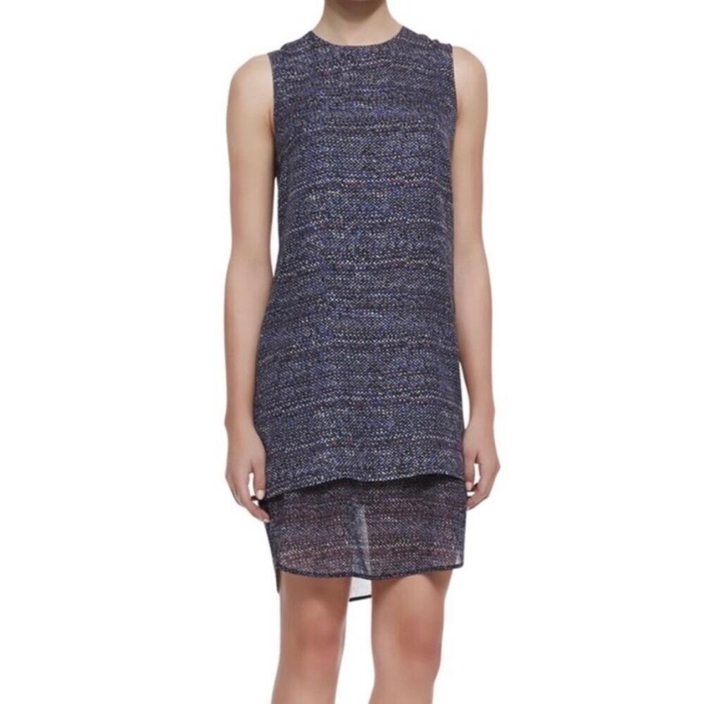 Theory Silk Shift Dress Sz 10 Navy Blue Multicolor Print Layered Sleeveless